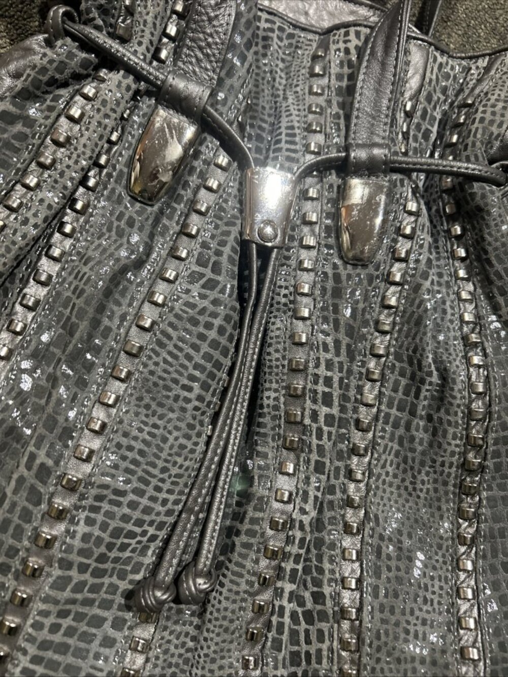 Silver Pewter Studded Leather Shoulder Bag Reptile Animal Print USA Mina - Picture 3 of 12